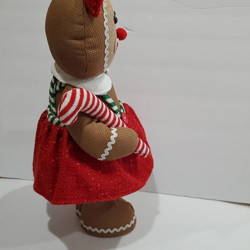 Gingerbread woman in red sequin boucle bow and‎ jumper Christmas holiday plushie